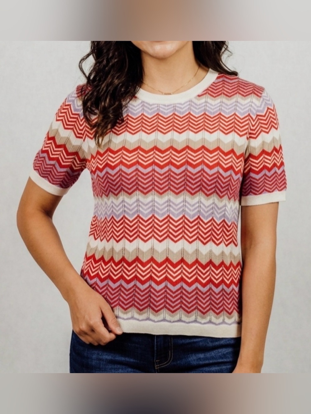 Calligraphie Chevron Stripe Short-Sleeve Knit Top Coral & Ivory Size
